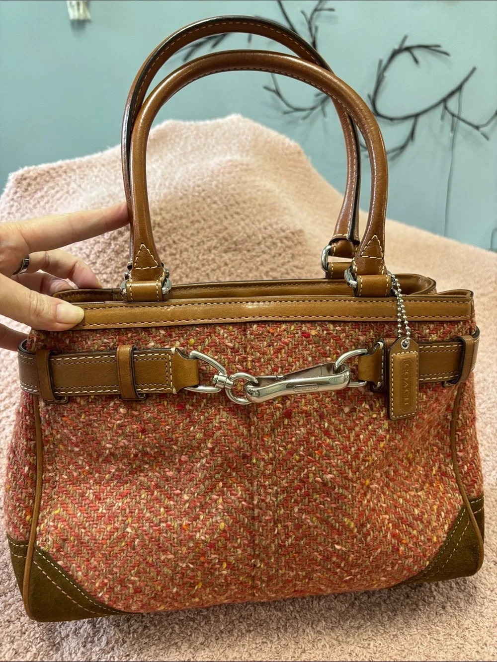 Coach Woven Tweed Top-Handle Satchel in Rust and Tan